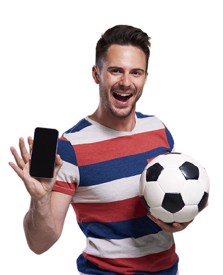 Hombre emocionado con un globo y un teléfono en la mano